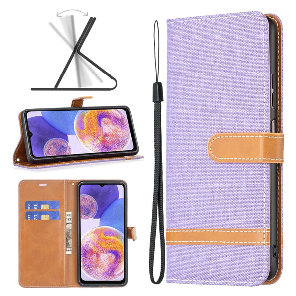 For Samsung Galaxy A23 5G Color Matching Denim Texture Leather Phone Case(Purple)