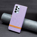 For Samsung Galaxy A23 5G Color Matching Denim Texture Leather Phone Case(Purple)