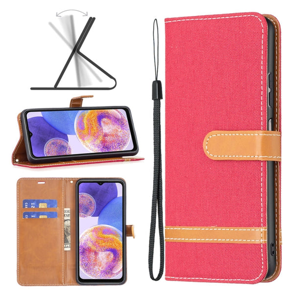 For Samsung Galaxy A23 5G Color Matching Denim Texture Leather Phone Case(Red)