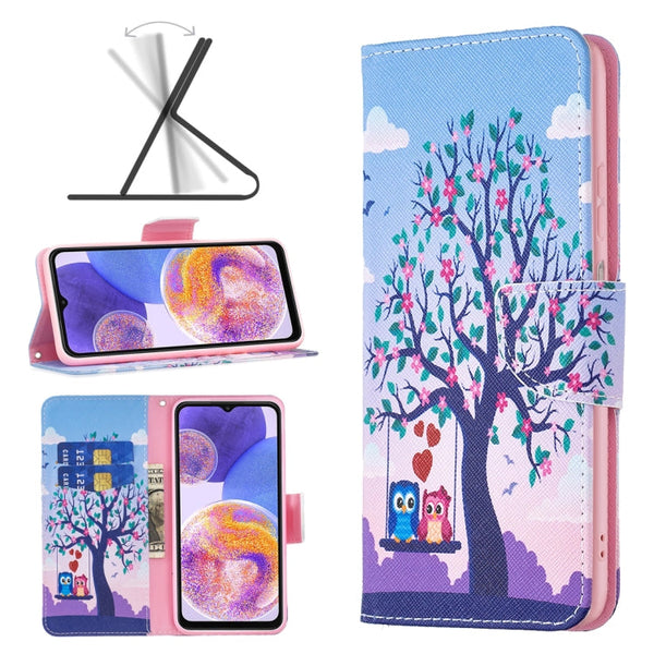 For Samsung Galaxy A23 5G Colored Drawing Pattern Flip Leather Phone Case(Owl)