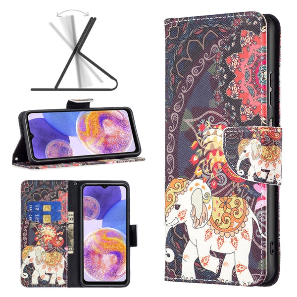 For Samsung Galaxy A23 5G Colored Drawing Pattern Flip Leather Phone Case(Flowers Elephant)