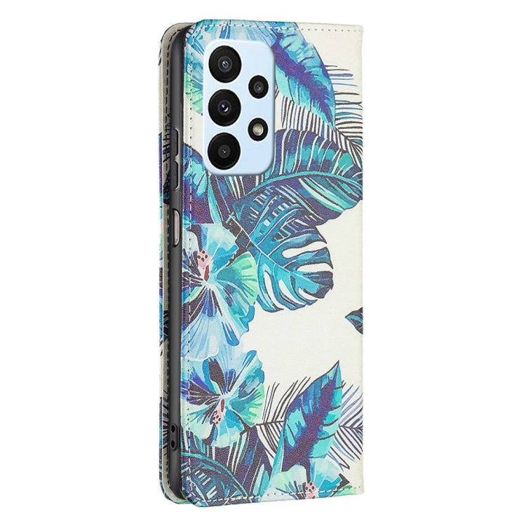 For Samsung Galaxy A23 5G Invisible Magnetic Painted Leather Phone Case(Blue Leaves)