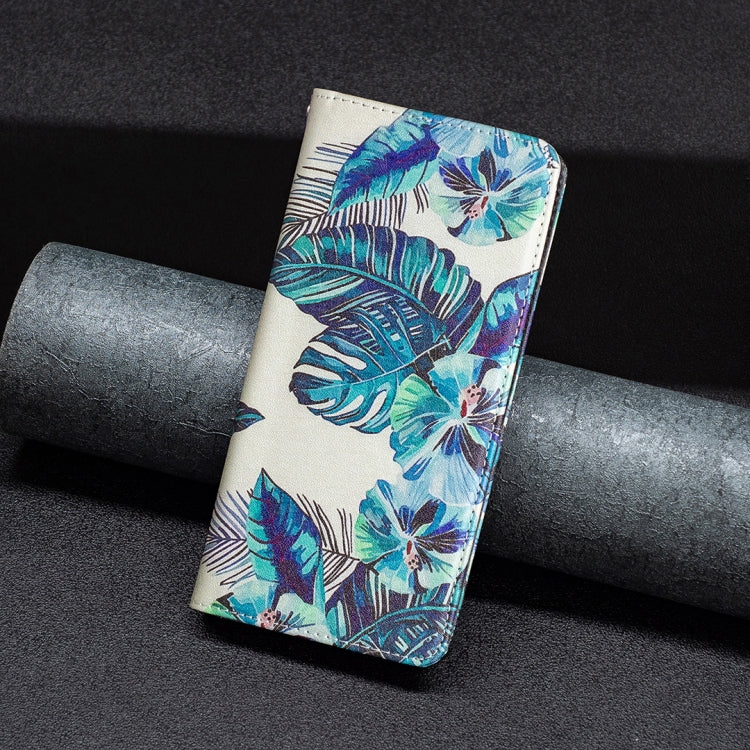 For Samsung Galaxy A23 5G Invisible Magnetic Painted Leather Phone Case(Blue Leaves)