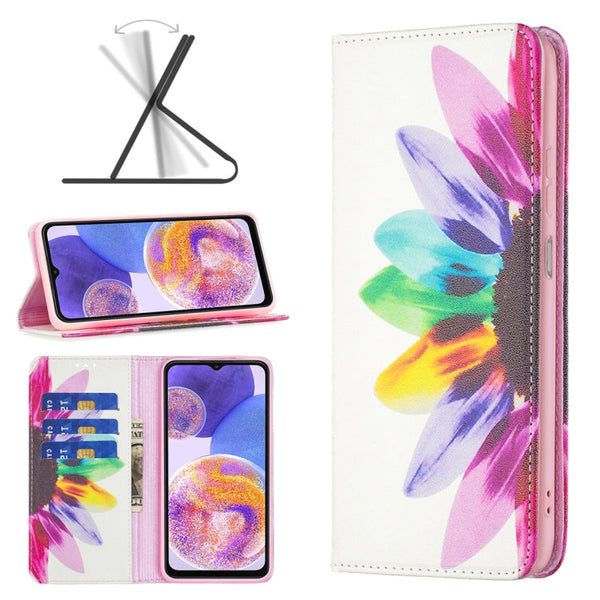 For Samsung Galaxy A23 5G Invisible Magnetic Painted Leather Phone Case(Sun Flower)