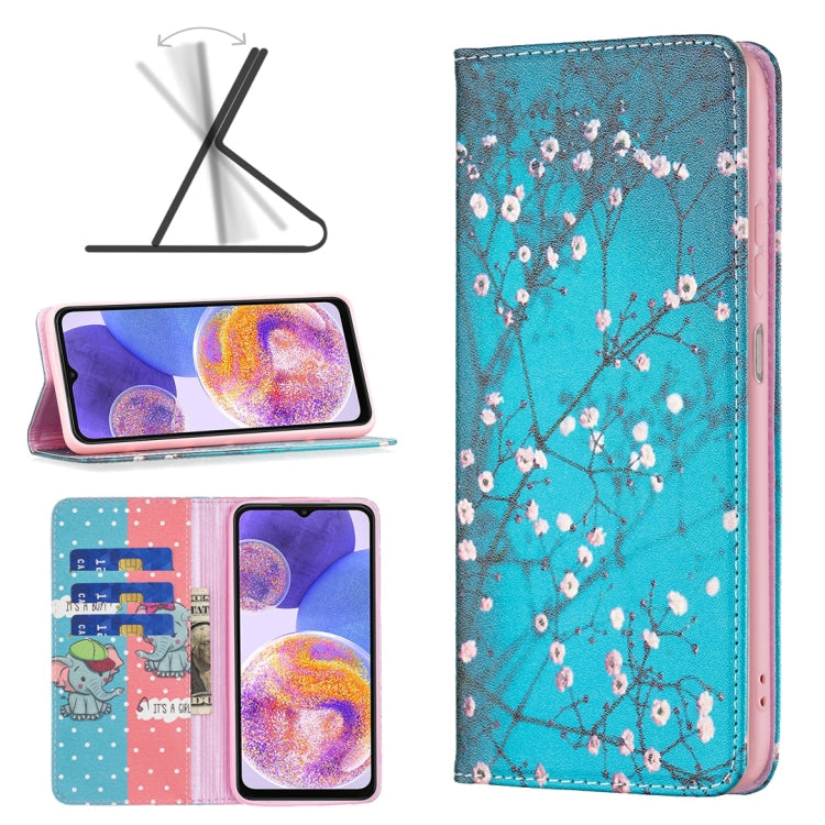 For Samsung Galaxy A23 5G Invisible Magnetic Painted Leather Phone Case(Plum Blossom)
