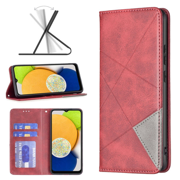 For Samsung Galaxy A03 166mm Rhombus Texture Magnetic Leather Phone Case(Red)