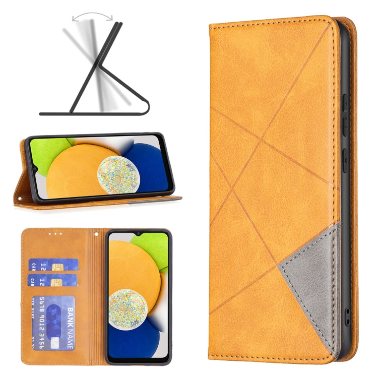 For Samsung Galaxy A03 166mm Rhombus Texture Magnetic Leather Phone Case(Yellow)