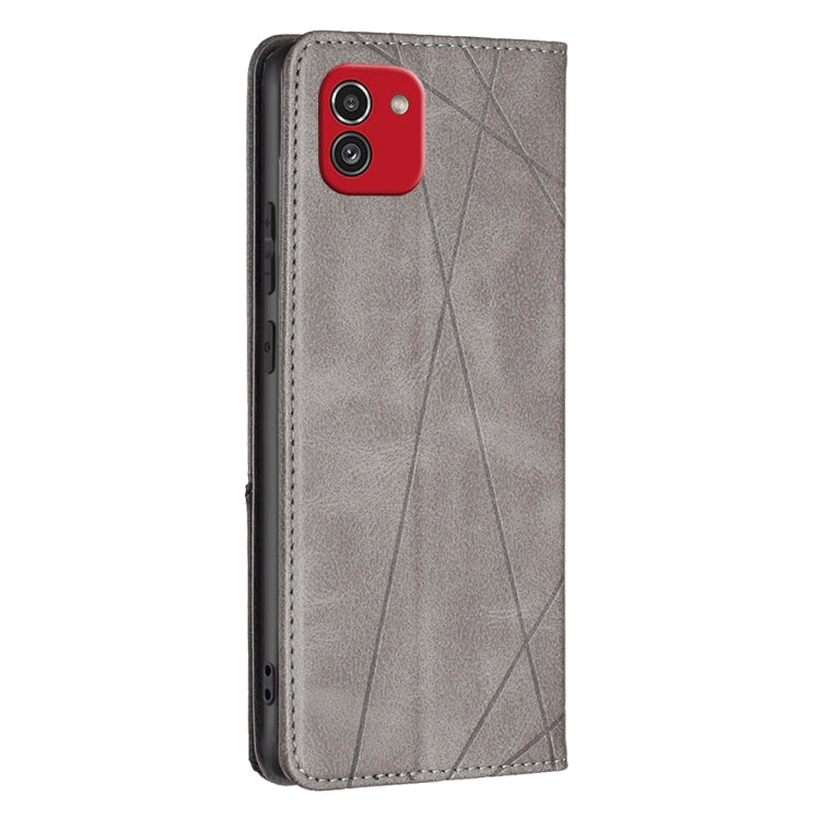 For Samsung Galaxy A03 166mm Rhombus Texture Magnetic Leather Phone Case(Grey)