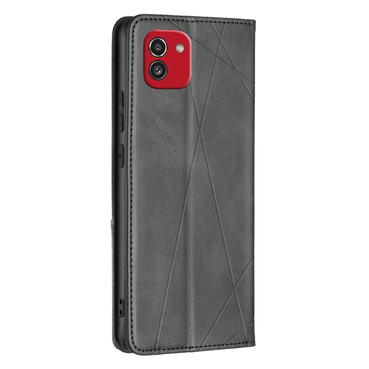 For Samsung Galaxy A03 166mm Rhombus Texture Magnetic Leather Phone Case(Black)