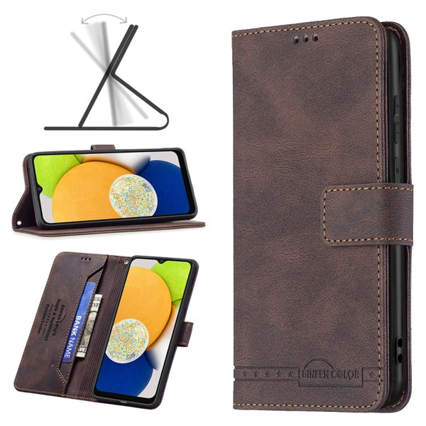 For Samsung Galaxy A03 166mm BF09 Magnetic Buckle RFID Flip Leather Phone Case(Brown)