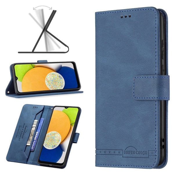 For Samsung Galaxy A03 166mm BF09 Magnetic Buckle RFID Flip Leather Phone Case(Blue)