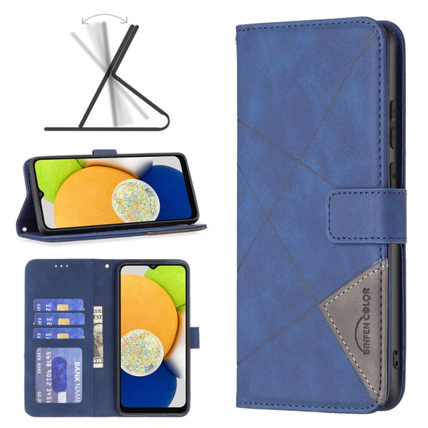 For Samsung Galaxy A03 166mm BF05 Magnetic Buckle Rhombus Texture Leather Phone Case(Blue)