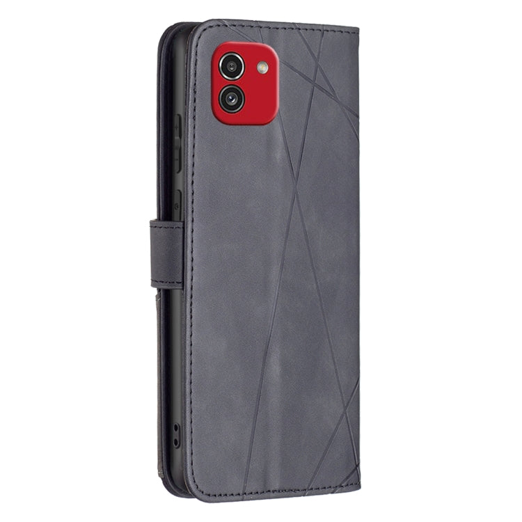 For Samsung Galaxy A03 166mm BF05 Magnetic Buckle Rhombus Texture Leather Phone Case(Black)