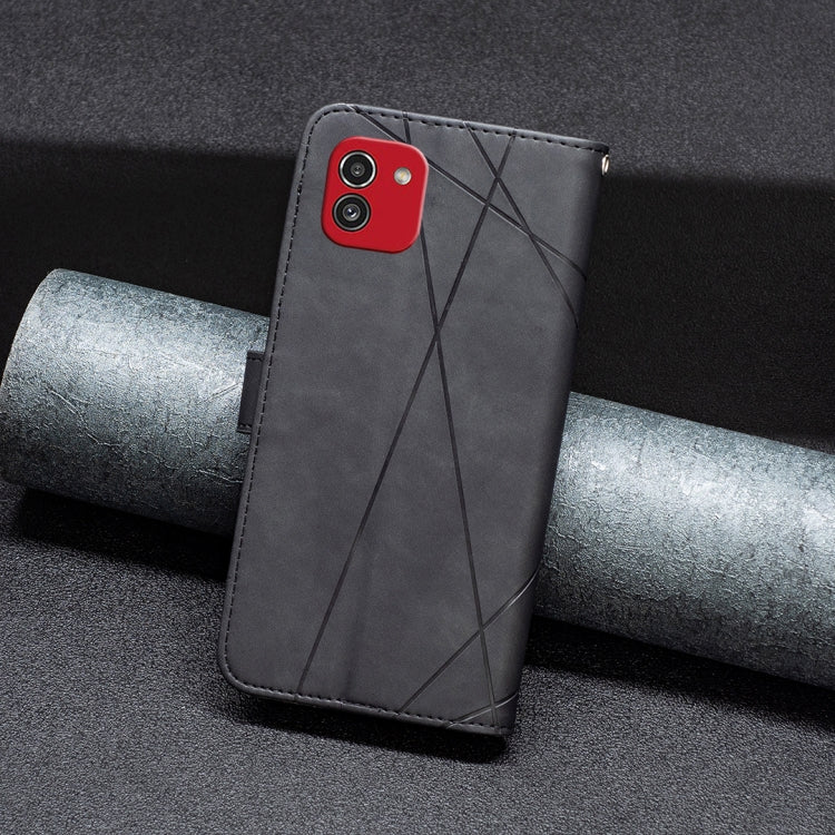For Samsung Galaxy A03 166mm BF05 Magnetic Buckle Rhombus Texture Leather Phone Case(Black)