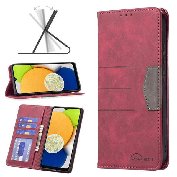 For Samsung Galaxy A03 166mm BF10 Color Block Magnetic Flip Leather Phone Case(Red)