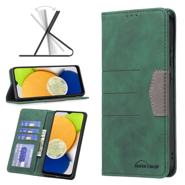 For Samsung Galaxy A03 166mm BF10 Color Block Magnetic Flip Leather Phone Case(Green)