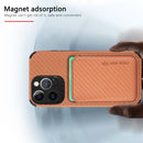 For iPhone 13 Pro Carbon Fiber Leather Card Magsafe Case (Brown)