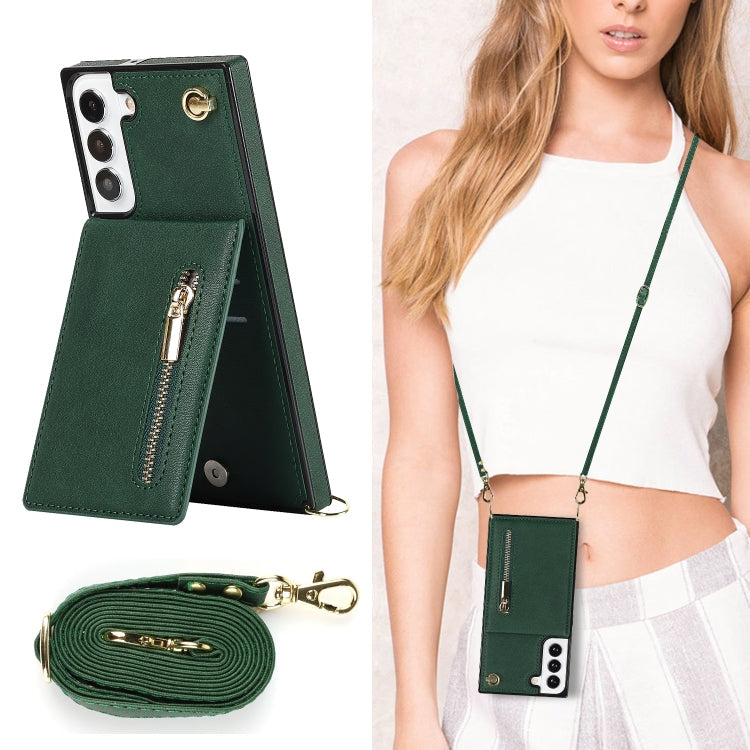 For Samsung Galaxy S22 5G Cross-body Square Zipper Card Holder Bag Phone Case(Green)