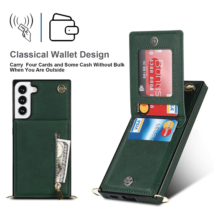 For Samsung Galaxy S22 5G Cross-body Square Zipper Card Holder Bag Phone Case(Green)