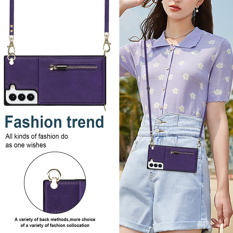 For Samsung Galaxy S22 5G Cross-body Square Zipper Card Holder Bag Phone Case(Purple)