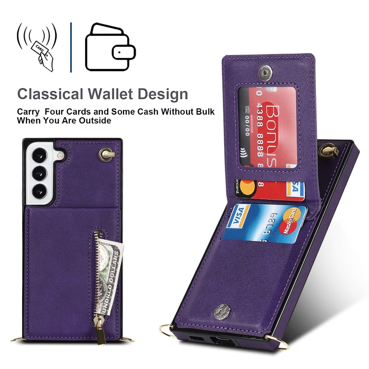 For Samsung Galaxy S22 5G Cross-body Square Zipper Card Holder Bag Phone Case(Purple)