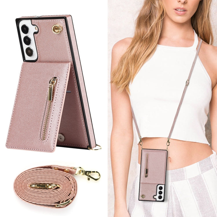 For Samsung Galaxy S22+ 5G Cross-body Square Zipper Card Holder Bag Phone Case(Rose Gold)
