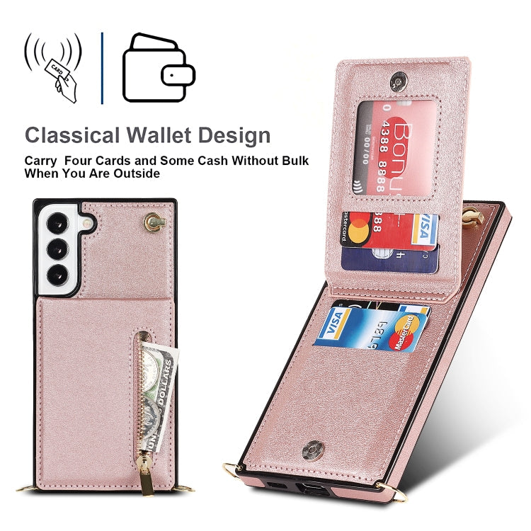 For Samsung Galaxy S22+ 5G Cross-body Square Zipper Card Holder Bag Phone Case(Rose Gold)