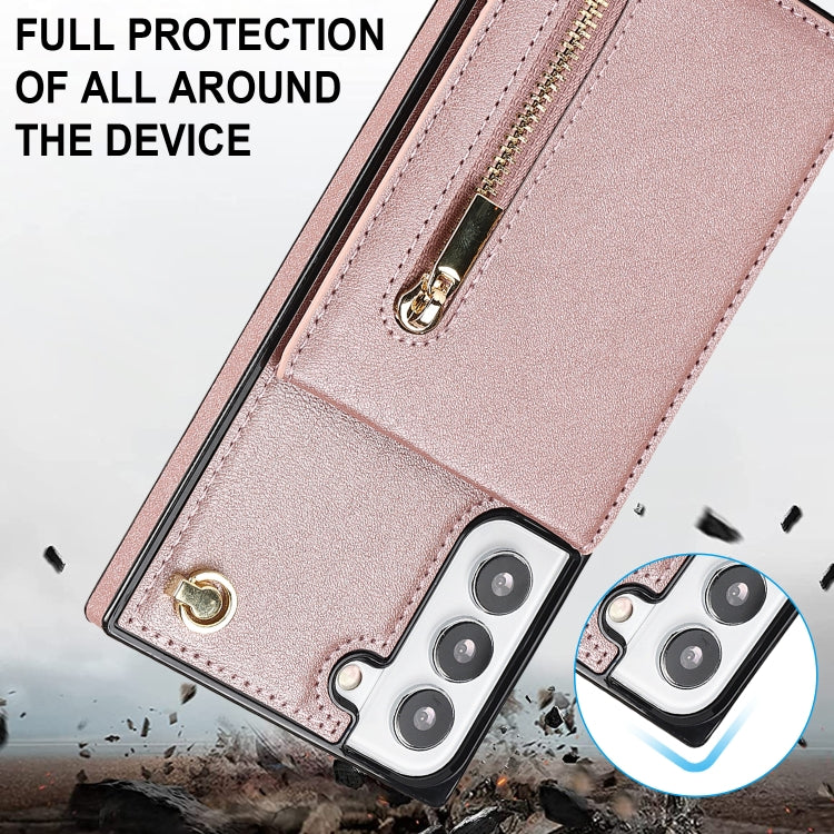 For Samsung Galaxy S22+ 5G Cross-body Square Zipper Card Holder Bag Phone Case(Rose Gold)