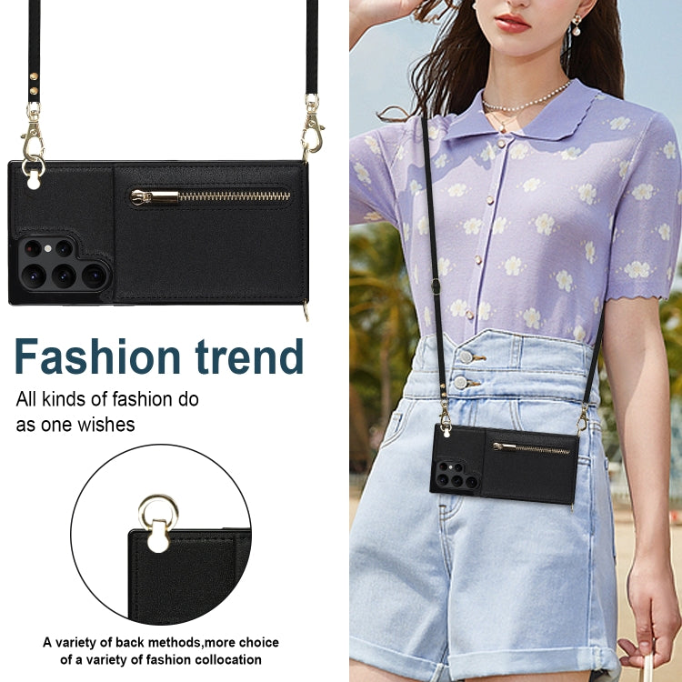 For Samsung Galaxy S22 Ultra 5G Cross-body Square Zipper Card Holder Bag Phone Case(Black)