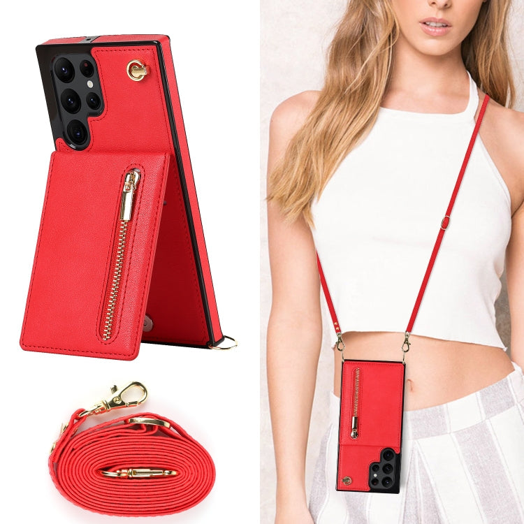 For Samsung Galaxy S22 Ultra 5G Cross-body Square Zipper Card Holder Bag Phone Case(Red)