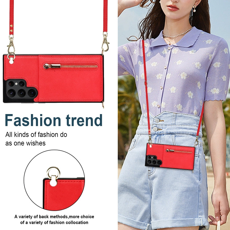 For Samsung Galaxy S22 Ultra 5G Cross-body Square Zipper Card Holder Bag Phone Case(Red)