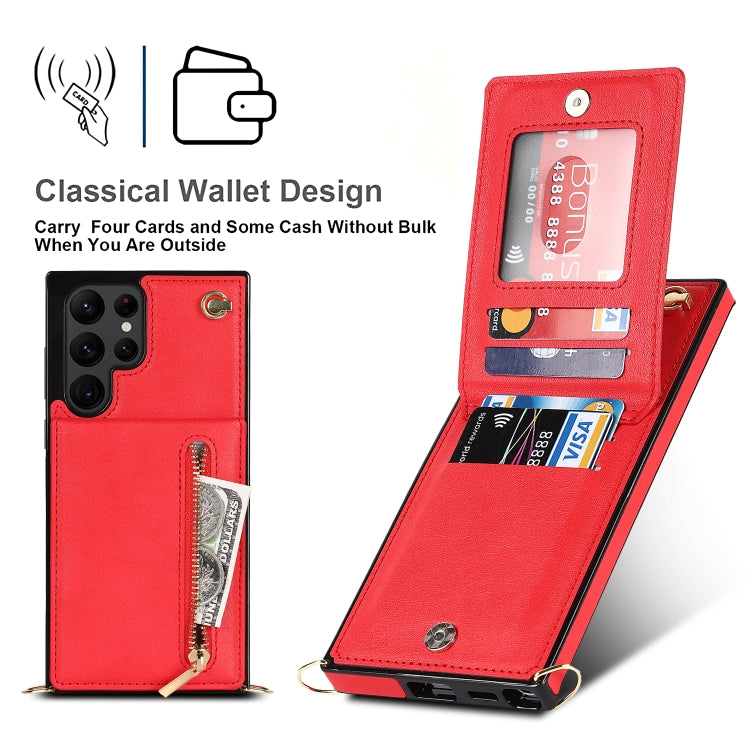For Samsung Galaxy S22 Ultra 5G Cross-body Square Zipper Card Holder Bag Phone Case(Red)