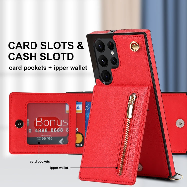 For Samsung Galaxy S22 Ultra 5G Cross-body Square Zipper Card Holder Bag Phone Case(Red)