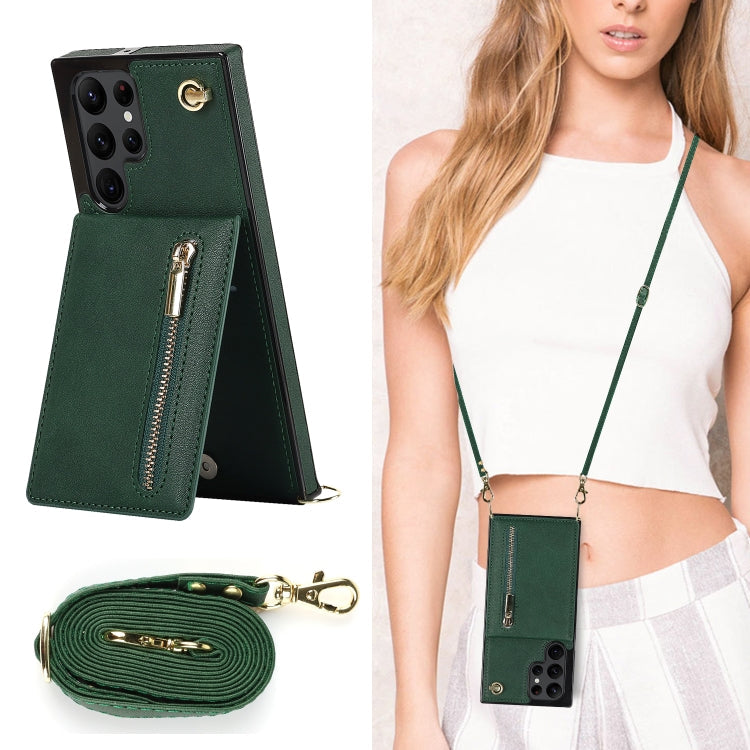 For Samsung Galaxy S22 Ultra 5G Cross-body Square Zipper Card Holder Bag Phone Case(Green)