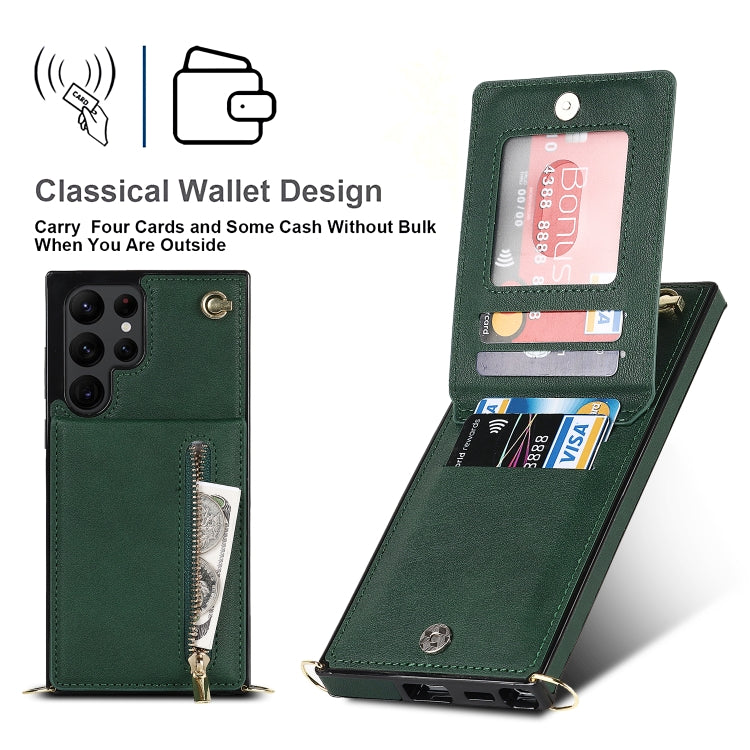 For Samsung Galaxy S22 Ultra 5G Cross-body Square Zipper Card Holder Bag Phone Case(Green)
