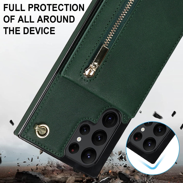 For Samsung Galaxy S22 Ultra 5G Cross-body Square Zipper Card Holder Bag Phone Case(Green)