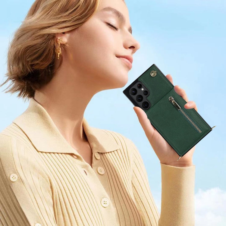 For Samsung Galaxy S22 Ultra 5G Cross-body Square Zipper Card Holder Bag Phone Case(Green)