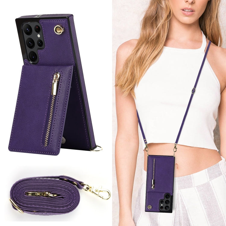 For Samsung Galaxy S22 Ultra 5G Cross-body Square Zipper Card Holder Bag Phone Case(Purple)