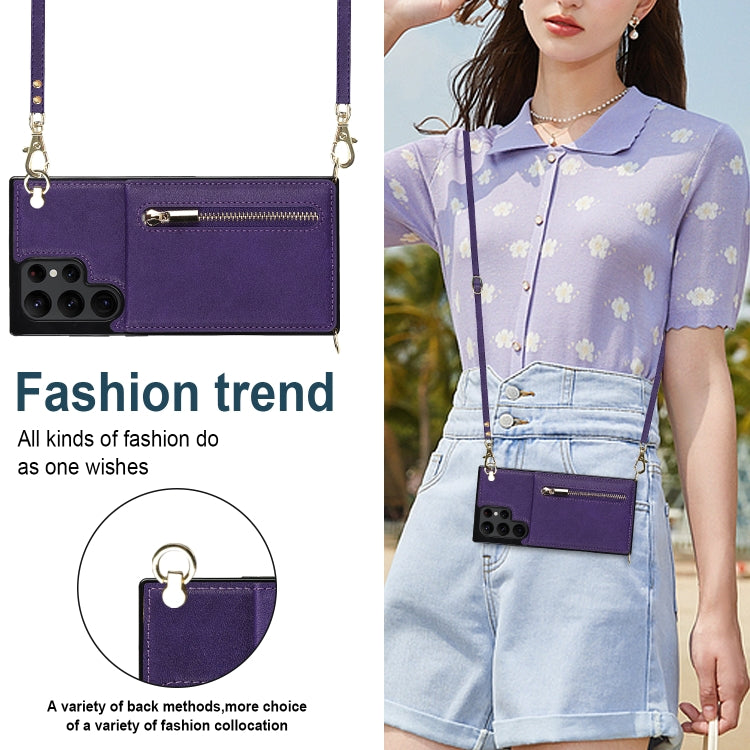 For Samsung Galaxy S22 Ultra 5G Cross-body Square Zipper Card Holder Bag Phone Case(Purple)