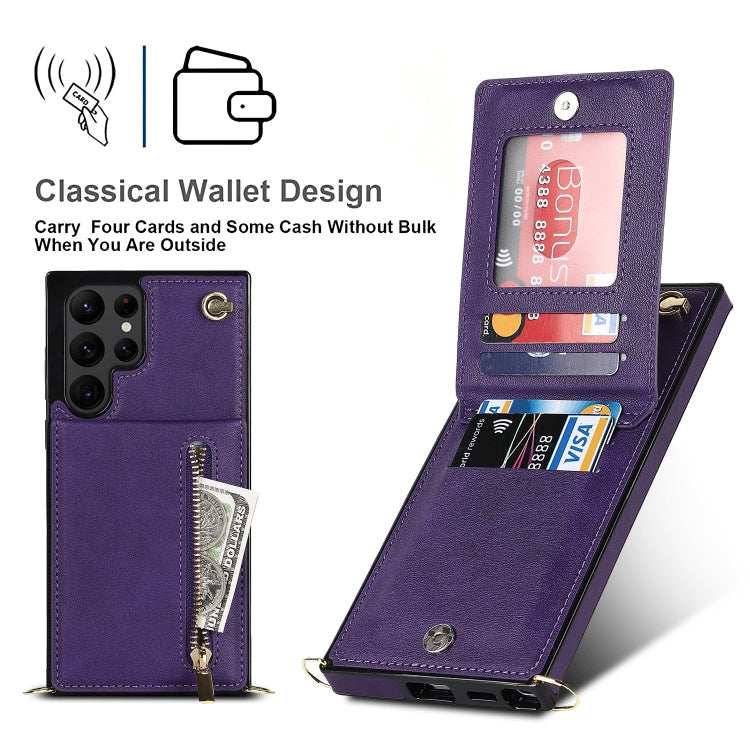 For Samsung Galaxy S22 Ultra 5G Cross-body Square Zipper Card Holder Bag Phone Case(Purple)