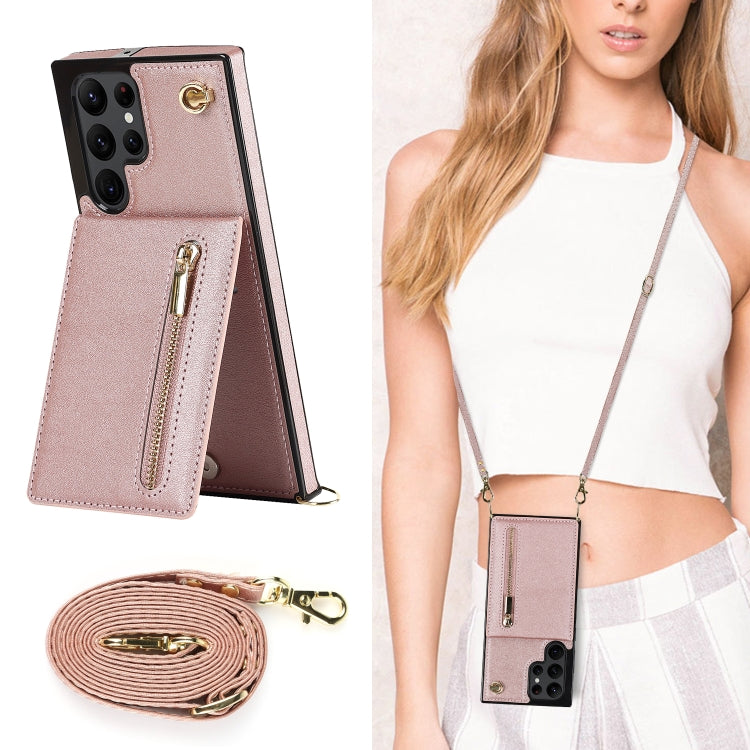 For Samsung Galaxy S22 Ultra 5G Cross-body Square Zipper Card Holder Bag Phone Case(Rose Gold)