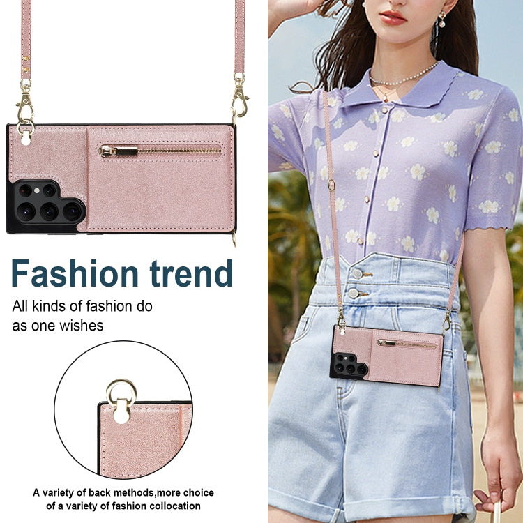 For Samsung Galaxy S22 Ultra 5G Cross-body Square Zipper Card Holder Bag Phone Case(Rose Gold)