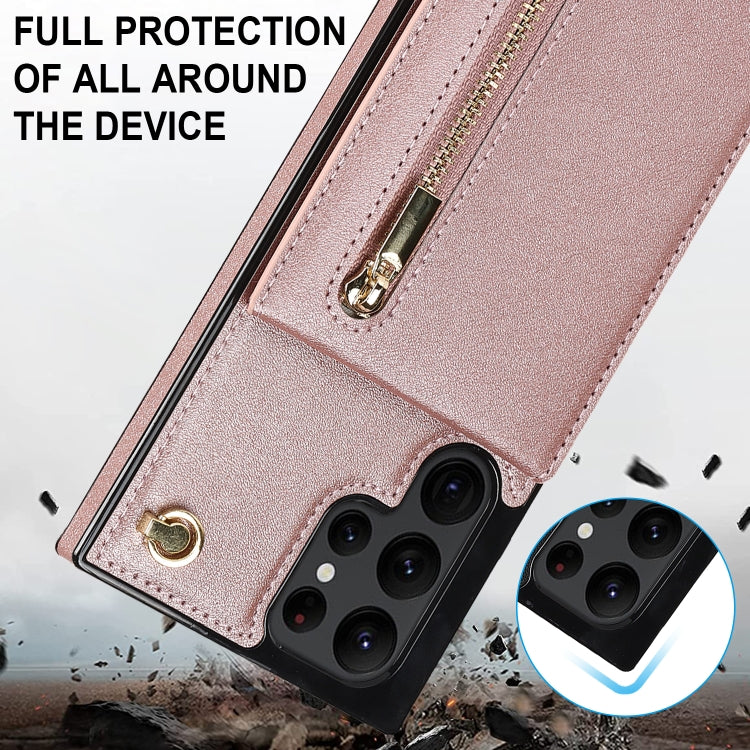 For Samsung Galaxy S22 Ultra 5G Cross-body Square Zipper Card Holder Bag Phone Case(Rose Gold)