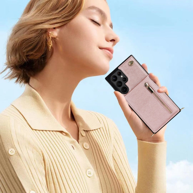 For Samsung Galaxy S22 Ultra 5G Cross-body Square Zipper Card Holder Bag Phone Case(Rose Gold)