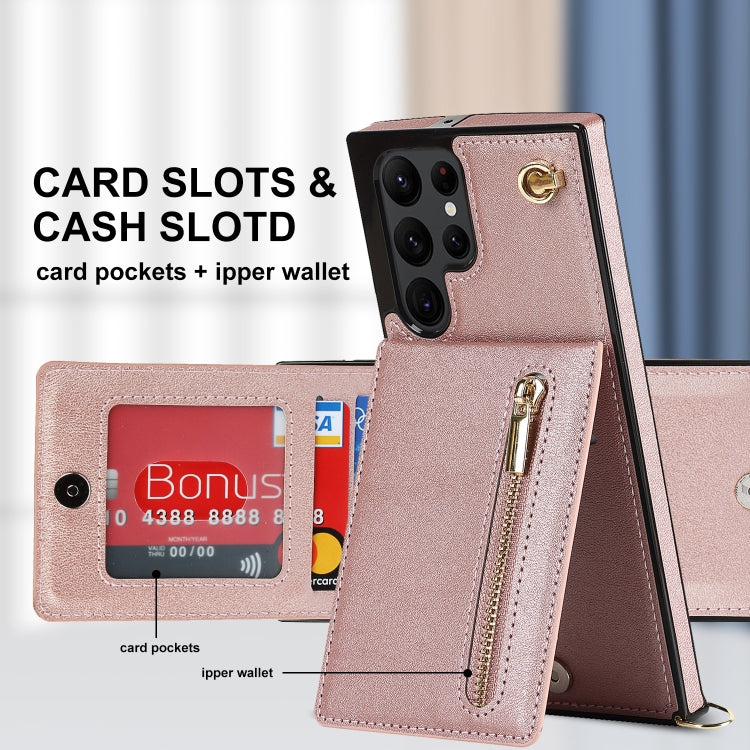 For Samsung Galaxy S22 Ultra 5G Cross-body Square Zipper Card Holder Bag Phone Case(Rose Gold)