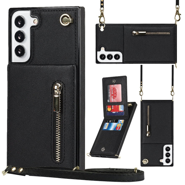 For Samsung Galaxy S21 FE 5G Cross-body Square Zipper Card Holder Bag Phone Case(Black)