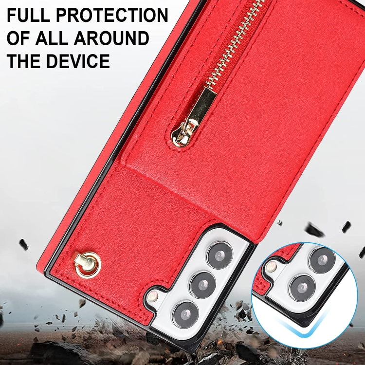 For Samsung Galaxy S21 FE 5G Cross-body Square Zipper Card Holder Bag Phone Case(Red)