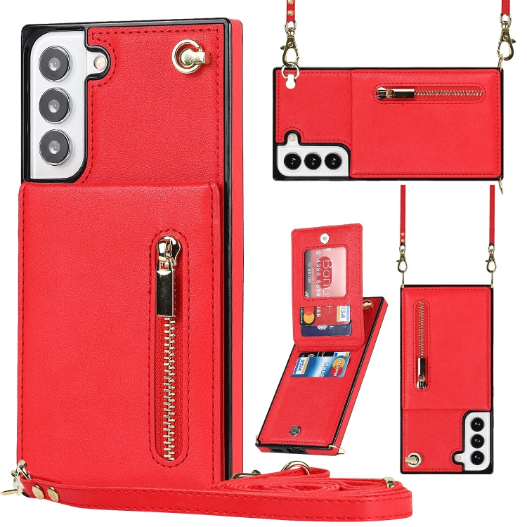 For Samsung Galaxy S21 FE 5G Cross-body Square Zipper Card Holder Bag Phone Case(Red)