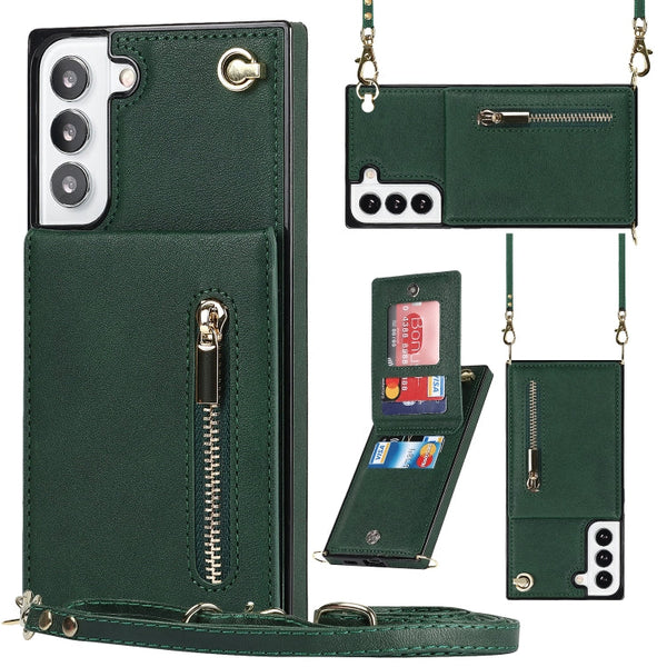 For Samsung Galaxy S21 FE 5G Cross-body Square Zipper Card Holder Bag Phone Case(Green)