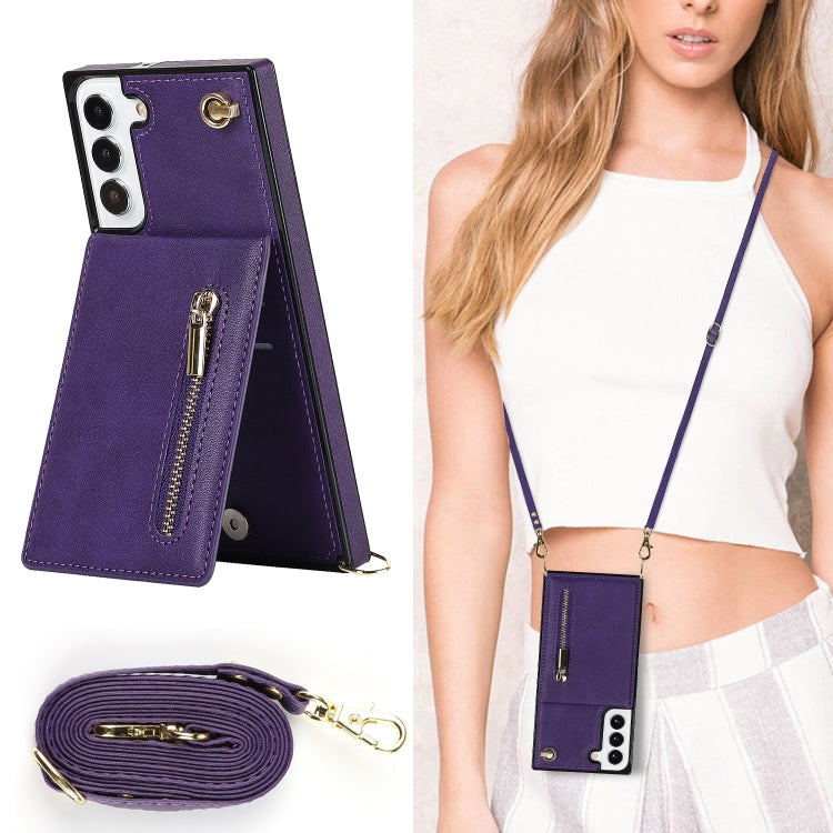 For Samsung Galaxy S21 FE 5G Cross-body Square Zipper Card Holder Bag Phone Case(Purple)
